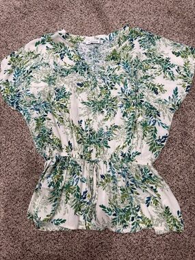 Staccato White Blouse with Green and Blue Leaf Print
